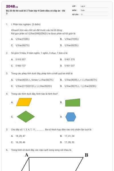 Bộ 20 đề thi cuối kì 2 Toán lớp 4 Cánh diều có đáp án - Đề 3