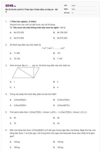 Bộ 20 đề thi cuối kì 2 Toán lớp 4 Cánh diều có đáp án - Đề 4