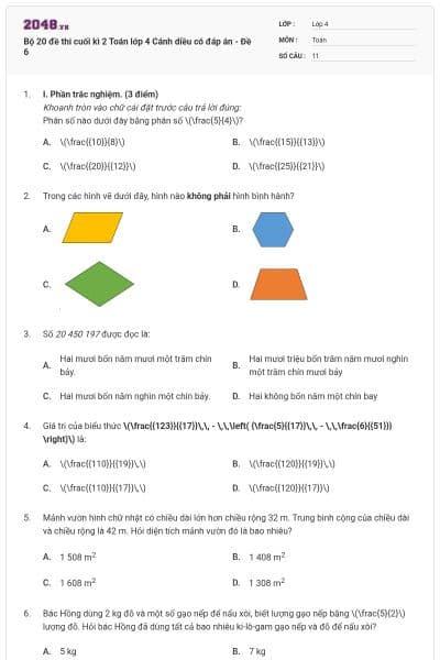 Bộ 20 đề thi cuối kì 2 Toán lớp 4 Cánh diều có đáp án - Đề 6