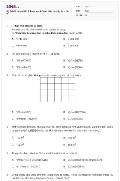Bộ 20 đề thi cuối kì 2 Toán lớp 4 Cánh diều có đáp án - Đề 7