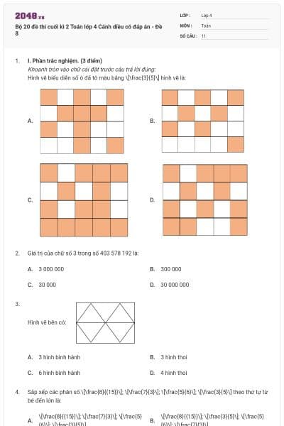 Bộ 20 đề thi cuối kì 2 Toán lớp 4 Cánh diều có đáp án - Đề 8