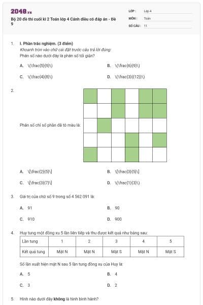 Bộ 20 đề thi cuối kì 2 Toán lớp 4 Cánh diều có đáp án - Đề 9