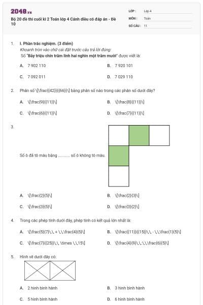 Bộ 20 đề thi cuối kì 2 Toán lớp 4 Cánh diều có đáp án - Đề 10