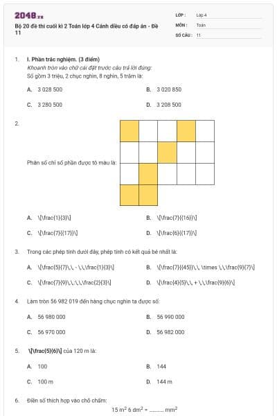 Bộ 20 đề thi cuối kì 2 Toán lớp 4 Cánh diều có đáp án - Đề 11