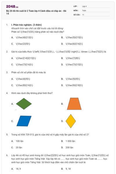 Bộ 20 đề thi cuối kì 2 Toán lớp 4 Cánh diều có đáp án - Đề 14