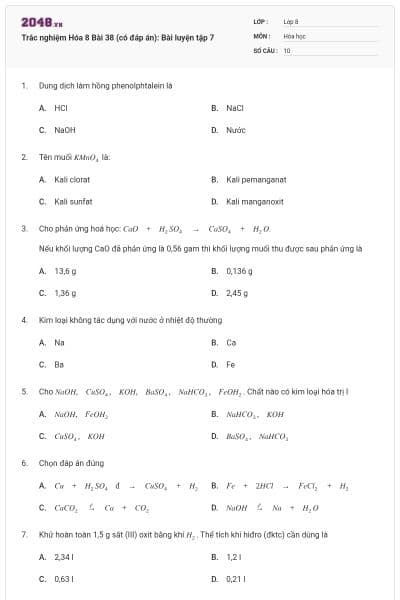 Trắc nghiệm Hóa 8 Bài 38 (có đáp án): Bài luyện tập 7