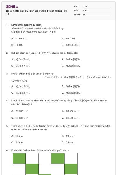 Bộ 20 đề thi cuối kì 2 Toán lớp 4 Cánh diều có đáp án - Đề 15