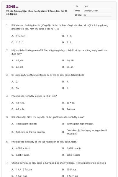 25 câu Trắc nghiệm Khoa học tự nhiên 9 Cánh diều Bài 38 có đáp án