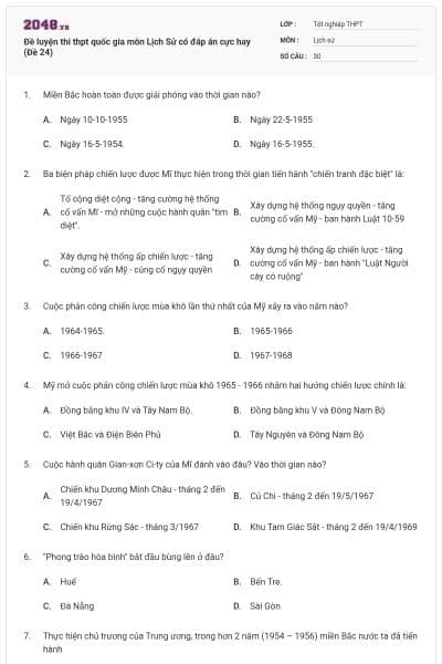 Đề luyện thi thpt quốc gia môn Lịch Sử có đáp án cực hay (Đề 24)