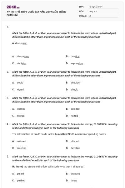 KỲ THI THỬ THPT QUỐC GIA NĂM 2019 MÔN TIẾNG ANH(P20)