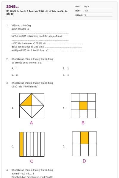 Bộ 20 đề thi học kì 1 Toán lớp 3 Kết nối tri thức có đáp án (Đề 18)