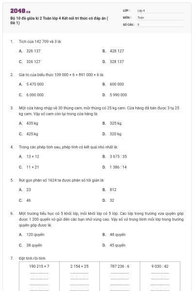 Bộ 10 đề giữa kì 2 Toán lớp 4 Kết nối tri thức có đáp án ( Đề 1)