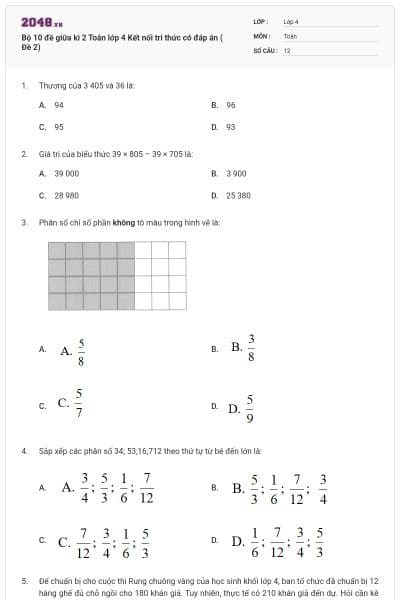 Bộ 10 đề giữa kì 2 Toán lớp 4 Kết nối tri thức có đáp án ( Đề 2)