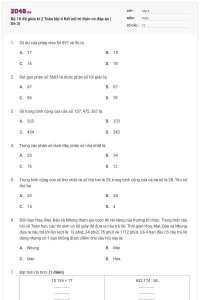 Bộ 10 đề giữa kì 2 Toán lớp 4 Kết nối tri thức có đáp án ( Đề 3)