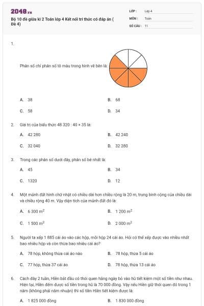 Bộ 10 đề giữa kì 2 Toán lớp 4 Kết nối tri thức có đáp án ( Đề 4)