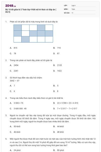 Bộ 10 đề giữa kì 2 Toán lớp 4 Kết nối tri thức có đáp án ( Đề 5)