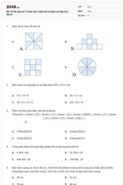 Bộ 10 đề giữa kì 2 Toán lớp 4 Kết nối tri thức có đáp án ( Đề 6)