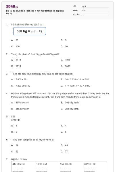 Bộ 10 đề giữa kì 2 Toán lớp 4 Kết nối tri thức có đáp án ( Đề 7)