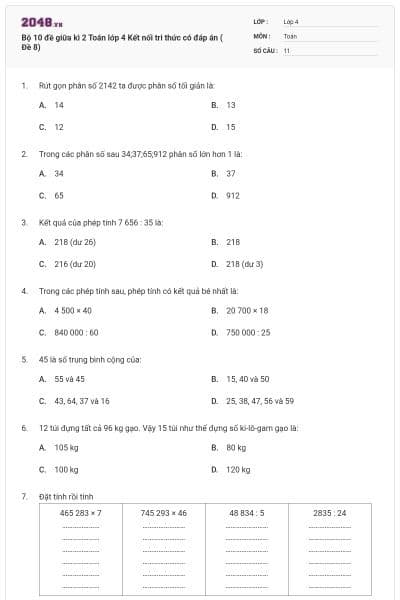Bộ 10 đề giữa kì 2 Toán lớp 4 Kết nối tri thức có đáp án ( Đề 8)