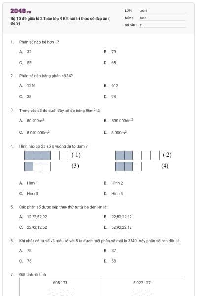 Bộ 10 đề giữa kì 2 Toán lớp 4 Kết nối tri thức có đáp án ( Đề 9)