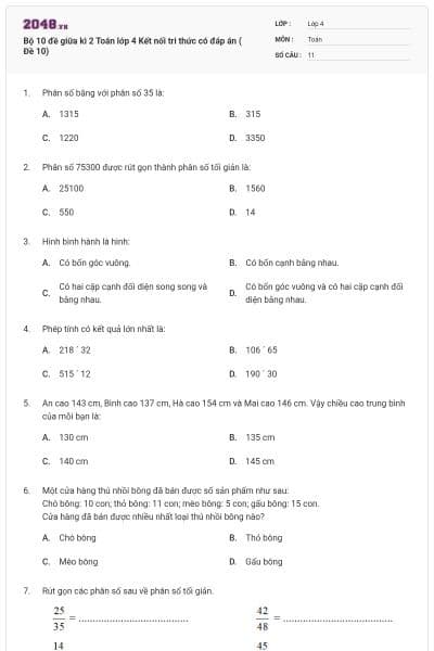 Bộ 10 đề giữa kì 2 Toán lớp 4 Kết nối tri thức có đáp án ( Đề 10)