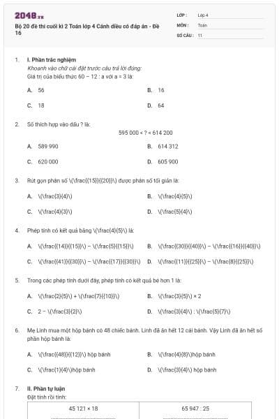 Bộ 20 đề thi cuối kì 2 Toán lớp 4 Cánh diều có đáp án - Đề 16