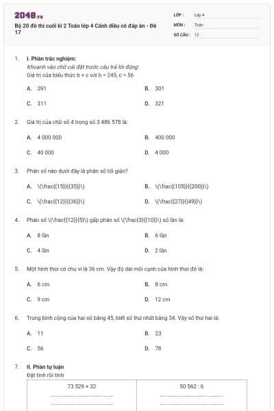 Bộ 20 đề thi cuối kì 2 Toán lớp 4 Cánh diều có đáp án - Đề 17