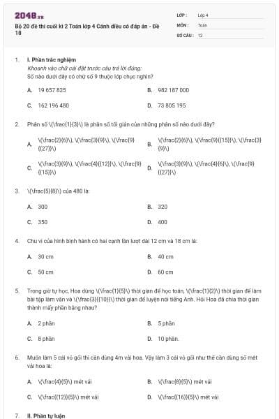 Bộ 20 đề thi cuối kì 2 Toán lớp 4 Cánh diều có đáp án - Đề 18