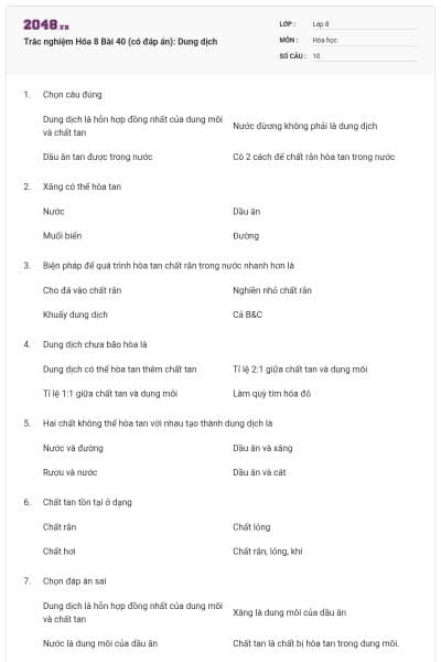 Trắc nghiệm Hóa 8 Bài 40 (có đáp án): Dung dịch