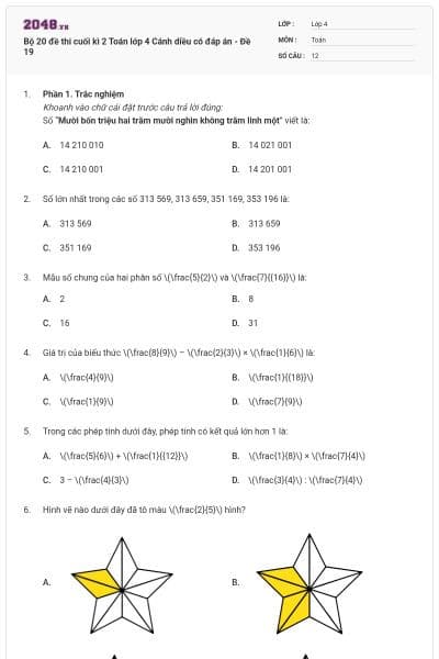 Bộ 20 đề thi cuối kì 2 Toán lớp 4 Cánh diều có đáp án - Đề 19