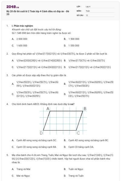 Bộ 20 đề thi cuối kì 2 Toán lớp 4 Cánh diều có đáp án - Đề 20