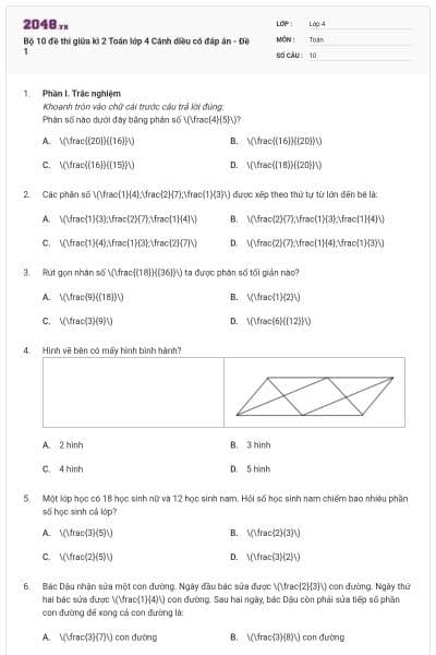 Bộ 10 đề thi giữa kì 2 Toán lớp 4 Cánh diều có đáp án - Đề 1