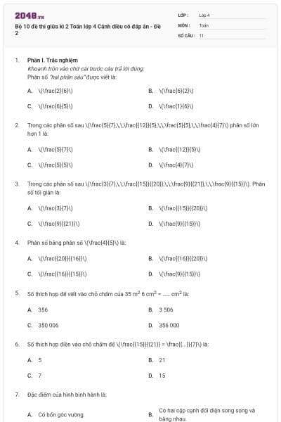 Bộ 10 đề thi giữa kì 2 Toán lớp 4 Cánh diều có đáp án - Đề 2