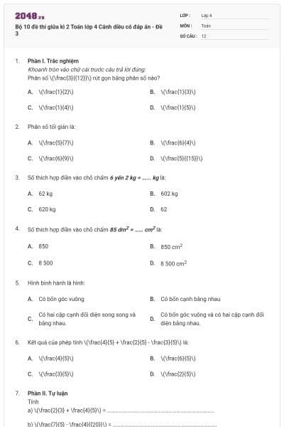 Bộ 10 đề thi giữa kì 2 Toán lớp 4 Cánh diều có đáp án - Đề 3