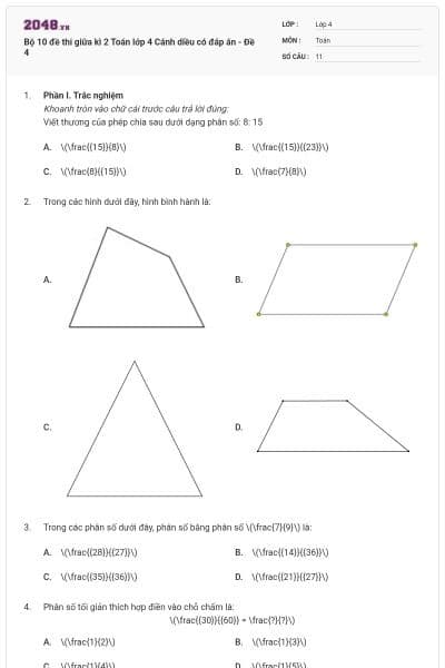 Bộ 10 đề thi giữa kì 2 Toán lớp 4 Cánh diều có đáp án - Đề 4
