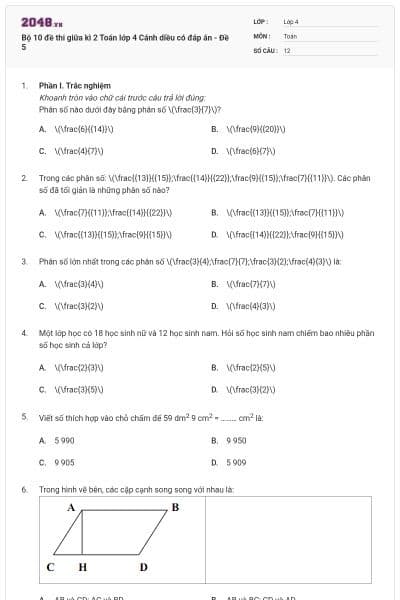 Bộ 10 đề thi giữa kì 2 Toán lớp 4 Cánh diều có đáp án - Đề 5