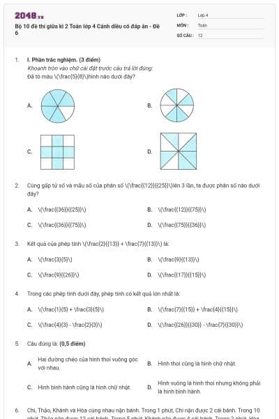 Bộ 10 đề thi giữa kì 2 Toán lớp 4 Cánh diều có đáp án - Đề 6
