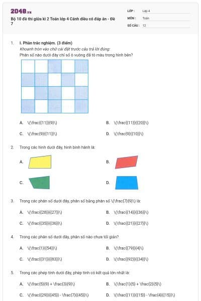 Bộ 10 đề thi giữa kì 2 Toán lớp 4 Cánh diều có đáp án - Đề 7