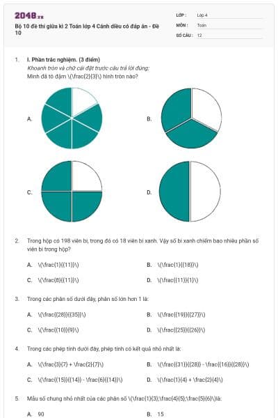 Bộ 10 đề thi giữa kì 2 Toán lớp 4 Cánh diều có đáp án - Đề 10