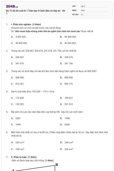 Bộ 15 đề thi cuối kì 1 Toán lớp 4 Cánh diều có đáp án - Đề 1