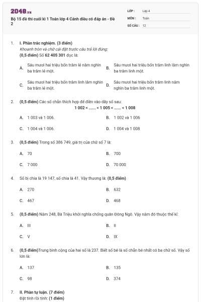 Bộ 15 đề thi cuối kì 1 Toán lớp 4 Cánh diều có đáp án - Đề 2