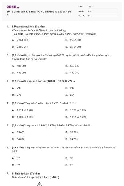Bộ 15 đề thi cuối kì 1 Toán lớp 4 Cánh diều có đáp án - Đề 3