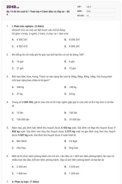 Bộ 15 đề thi cuối kì 1 Toán lớp 4 Cánh diều có đáp án - Đề 4