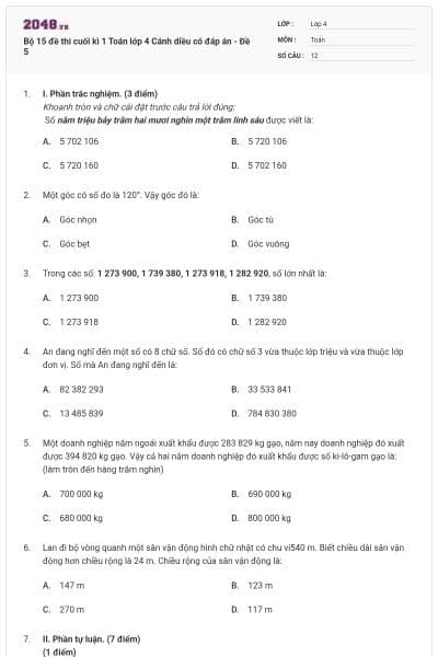 Bộ 15 đề thi cuối kì 1 Toán lớp 4 Cánh diều có đáp án - Đề 5