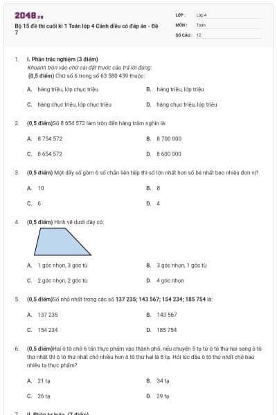 Bộ 15 đề thi cuối kì 1 Toán lớp 4 Cánh diều có đáp án - Đề 7