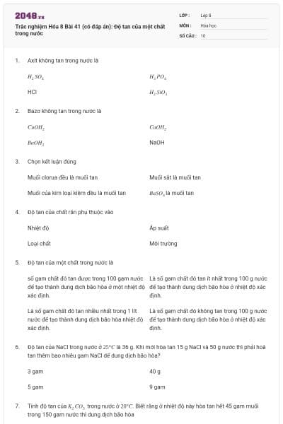 Trắc nghiệm Hóa 8 Bài 41 (có đáp án): Độ tan của một chất trong nước