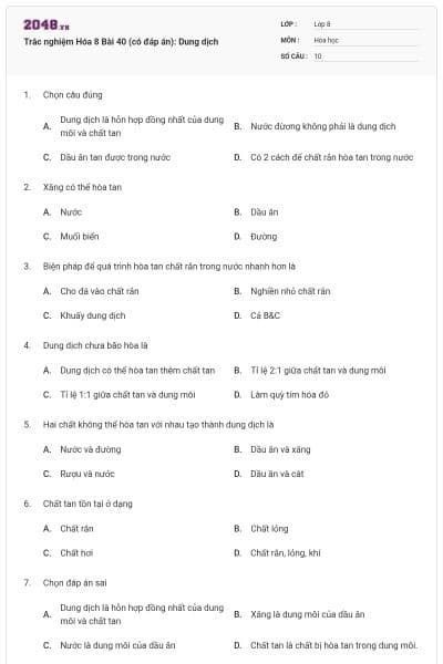 Trắc nghiệm Hóa 8 Bài 40 (có đáp án): Dung dịch
