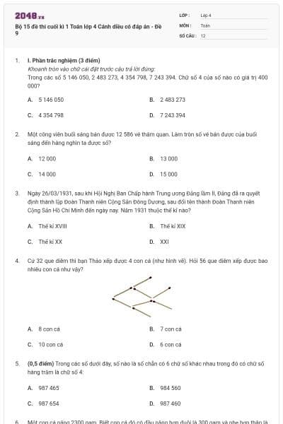 Bộ 15 đề thi cuối kì 1 Toán lớp 4 Cánh diều có đáp án - Đề 9