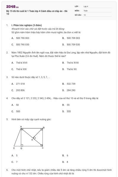 Bộ 15 đề thi cuối kì 1 Toán lớp 4 Cánh diều có đáp án - Đề 10