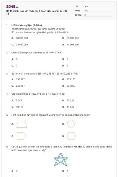 Bộ 15 đề thi cuối kì 1 Toán lớp 4 Cánh diều có đáp án - Đề 11
